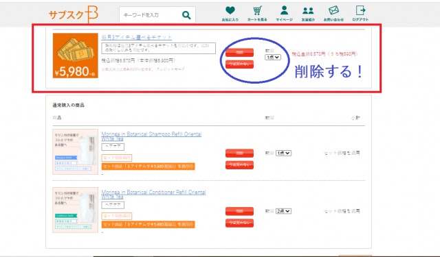商品を選択し買い物かごに入っている画面