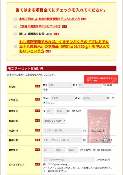 無料モニターの申し込み画面